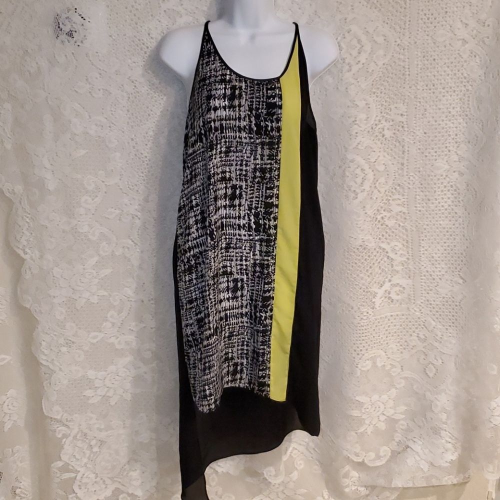 BCBGMAXAZRIA CiCi Asymmetrical Black Dress w/ Yellow Stripe & Geometric Print